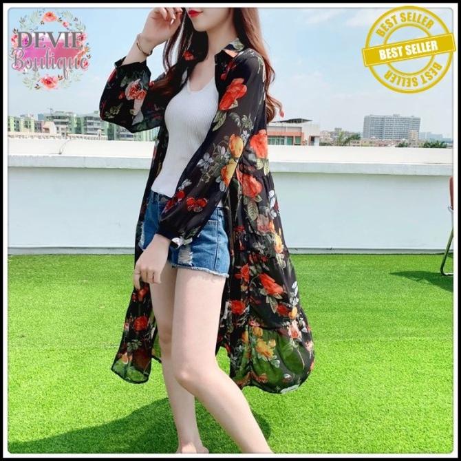 Baju Wanita Bahan Sifon Dress Chiffon Outer Wanita Panjang Motif Bunga