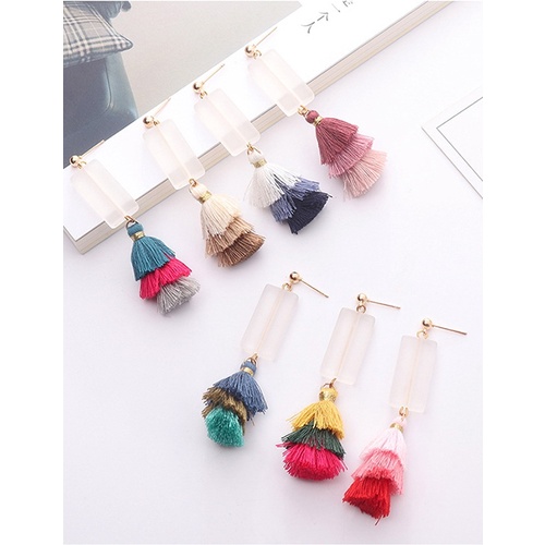 LRC Anting Tusuk Fashion Square Shape Decorated Tassel Earrings