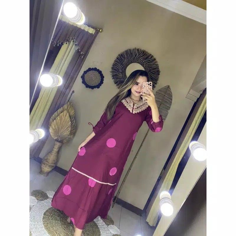 Daster Renda Arab Motif Polkadot Lengan Panjang