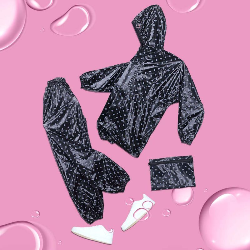 PROMO MUSIM HUJAN | Jas Hujan Perempuan Dewasa Hitam Polkadot Tebal Terbaru Setelan Baju Celana | Mantel Cewe | Mantel Wanita Bahan Premium Original Termurah