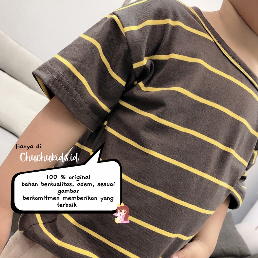 Setelan Baju Anak Lengan Pendek/ Setelan Kaos Anak Laki Laki / Pakaian Anak Motif Garis Import KMJ SALUR COKELAT