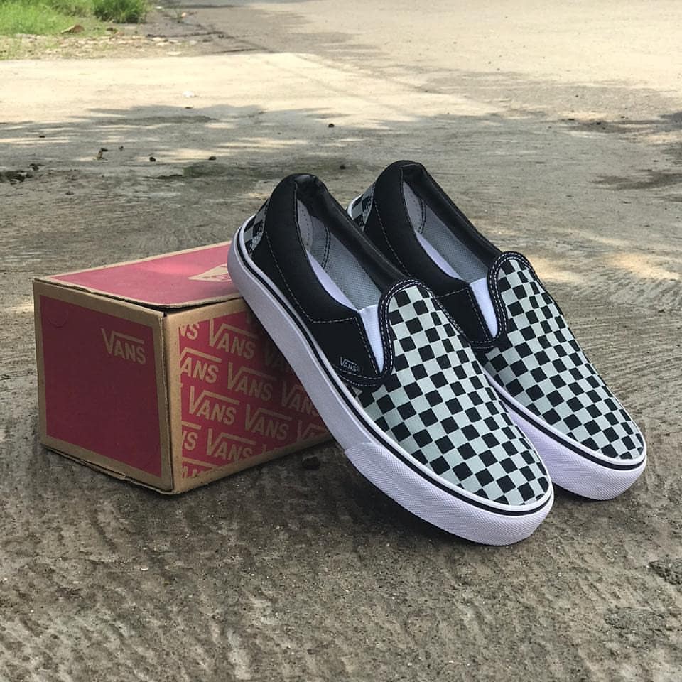 Sepatu Vans Slip On Checkerboard Sol Black Motif Catur Sneakers Kets Kado Hadiah Pria Cowok