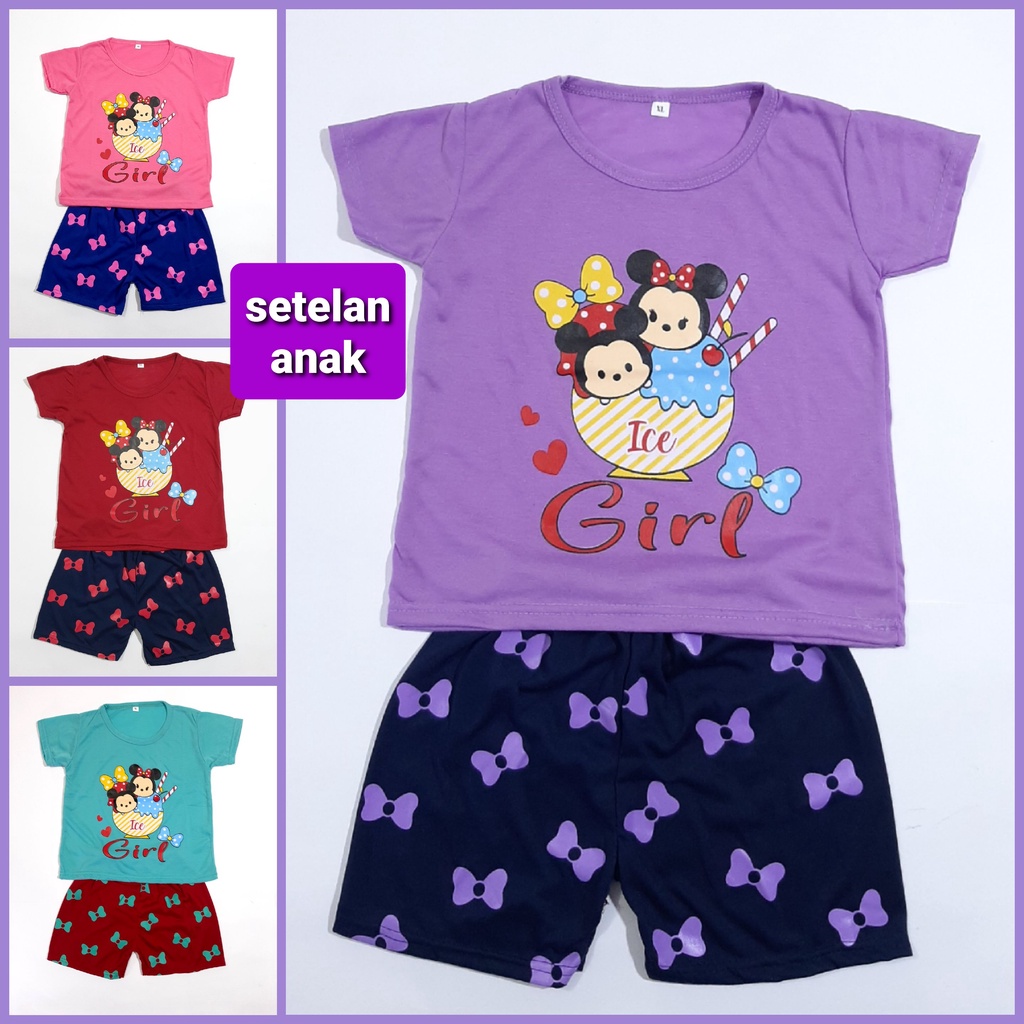 setelan kaos anak perempuan PDK 1- 10 tahun lengan pendek celana baju cewek kity ice girl