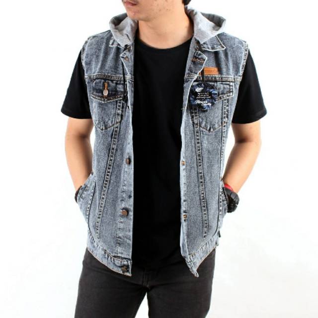 Rompi Vest Denim Jeans Sandwash abu biru Hoodie Original Pria XXXL Jumbo Big