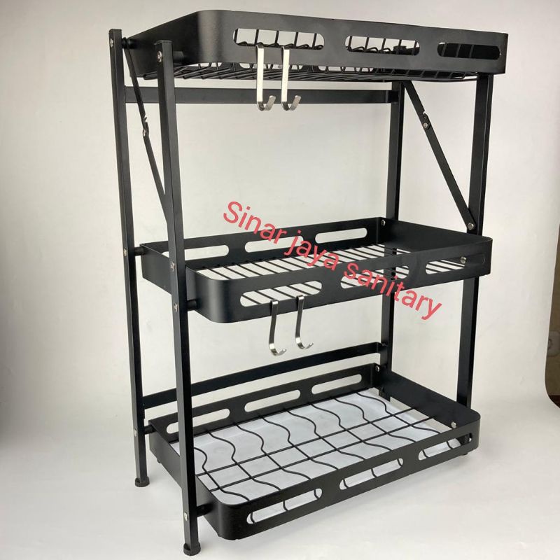 Rak piring tiga susun hitam stainless stell / Rak piring hitam / Rak dapur hitam