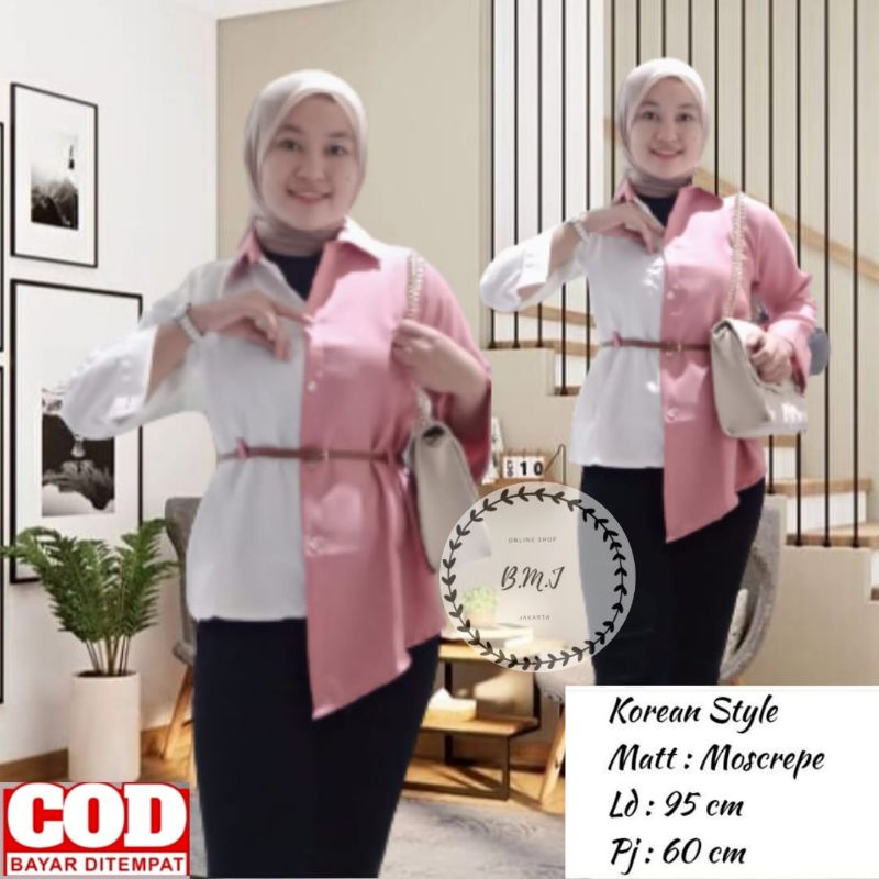 Kemeja Wanita Atasan Blouse Casual Polos Kombinasi Warna Motif Korean style Fashion Muslim 018-2