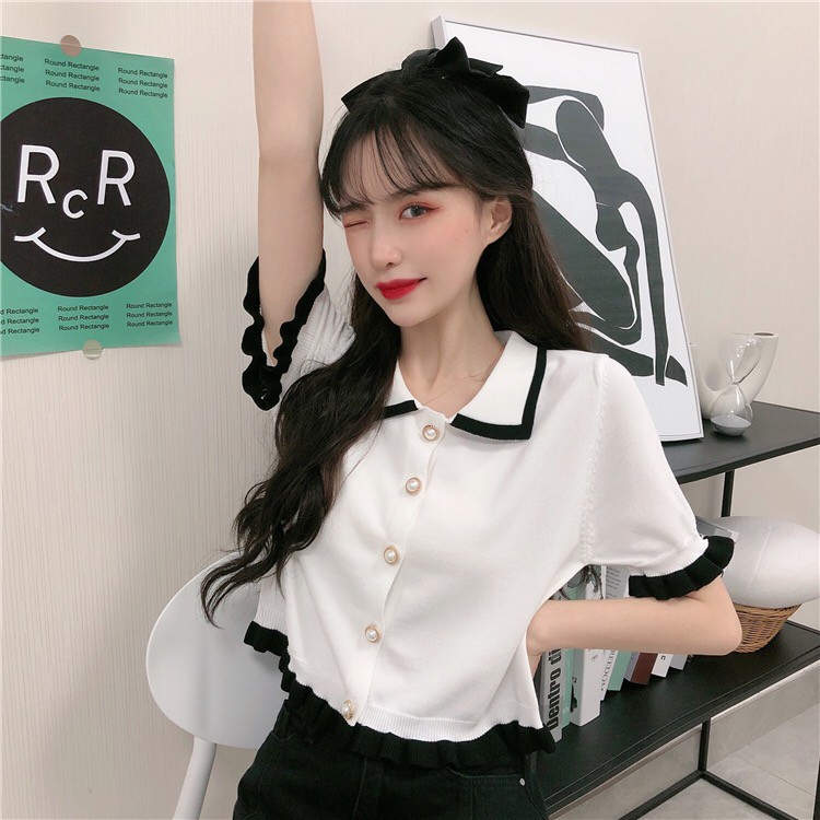 [Diskon Spesial] Crop top rajutan kaos lengan pendek wanita Korea