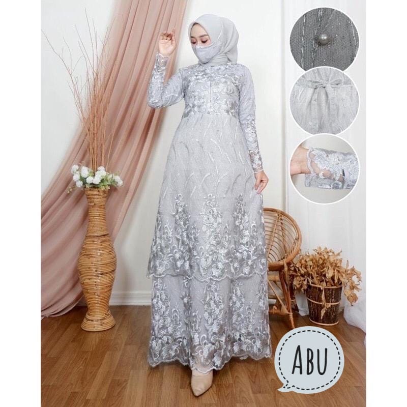 BJ - Maxi Dress Namira Bahan Brukat Tile Mutiara - Gamis Wanita Brokat Tulle Premium - Fashion Muslim