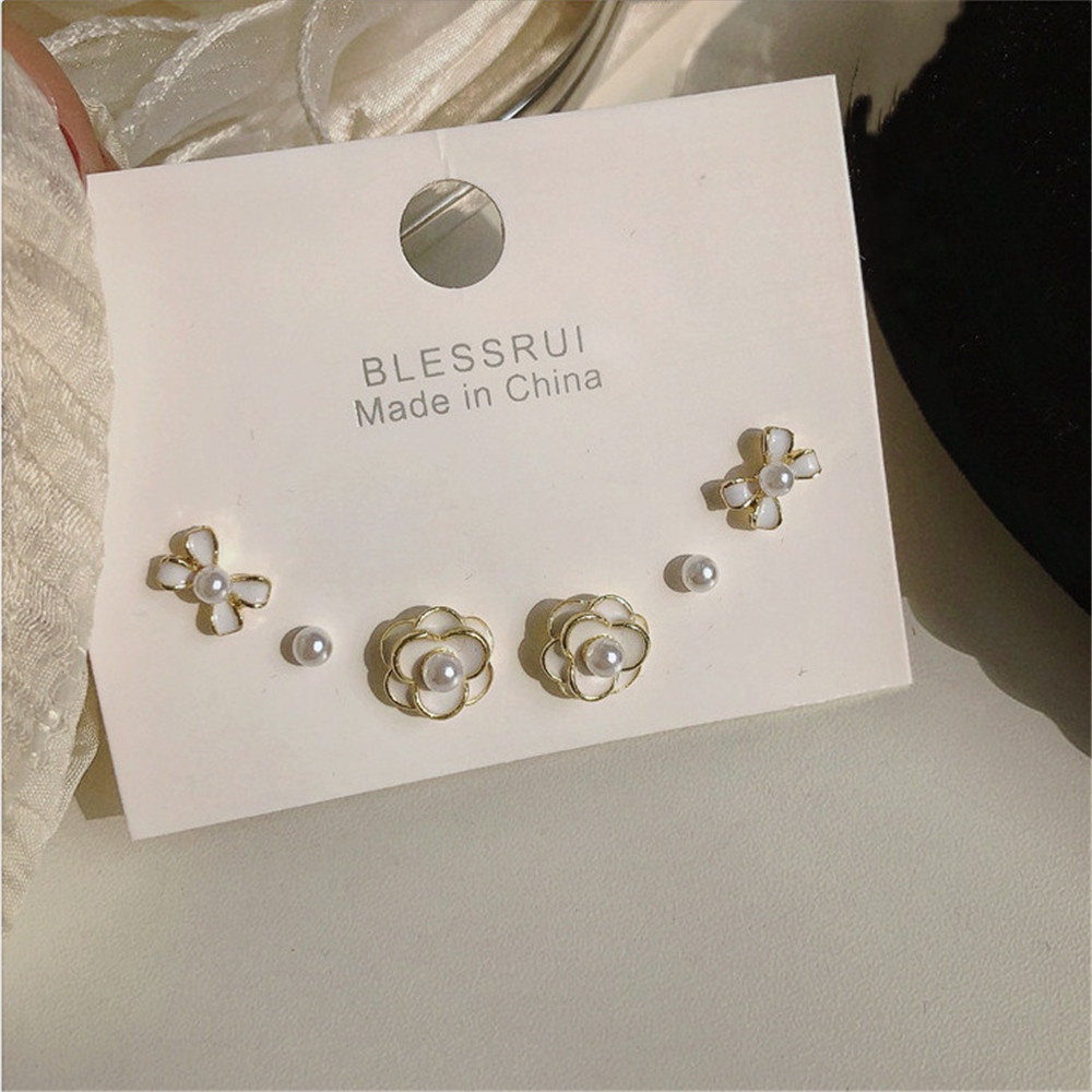 3 Pasang / set Anting stud Desain camellia Opals Bahan 925 silver Gaya Korea Untuk Wanita