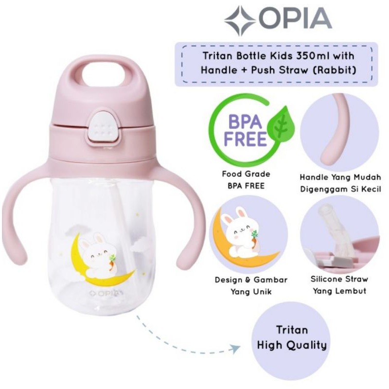 OPIA Tritan Bottle Kids Handle &amp; Push Straw 350ml - Rabbit / Dino - Botol Minum Anak 350 ml