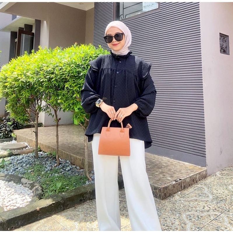 Puffy Crincle Blouse Wanita  / Blouse Salur Wanita / Blouse Kerja Wanita-KINAN BLACK