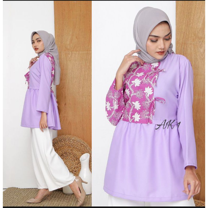 Atasan Batik Wanita Kerja Dolby Dolbi Dobby Doby M L XL XXL L4 L5 Modern dan Terbaru 2021-Melati purple