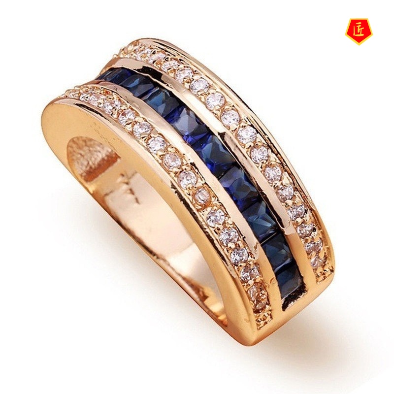 [Ready Stock]Full Diamond Sapphire Square Diamond Ring 18K Gold Flash Diamond
