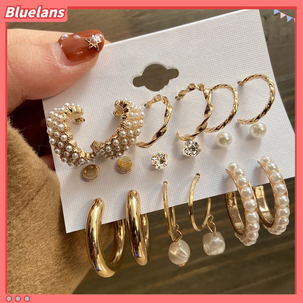 Bluelans 9 Pasang Anting Mutiara Berlian Imitasi Bentuk Bulat Menjuntai Untuk Wanita