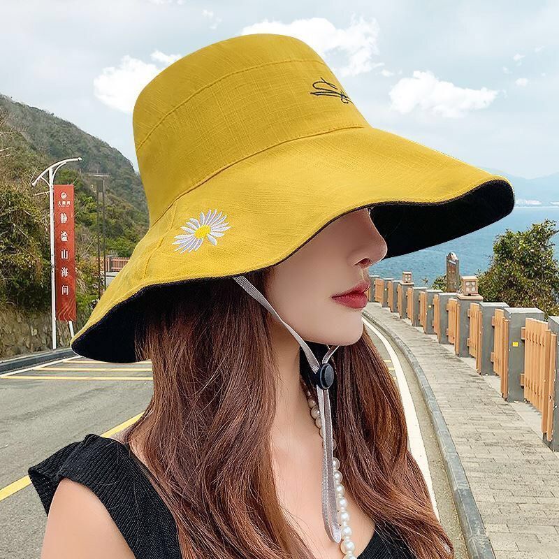 Topi Nelayan Model Dua Sisi Motif daisy Gaya Korea Untuk Wanita