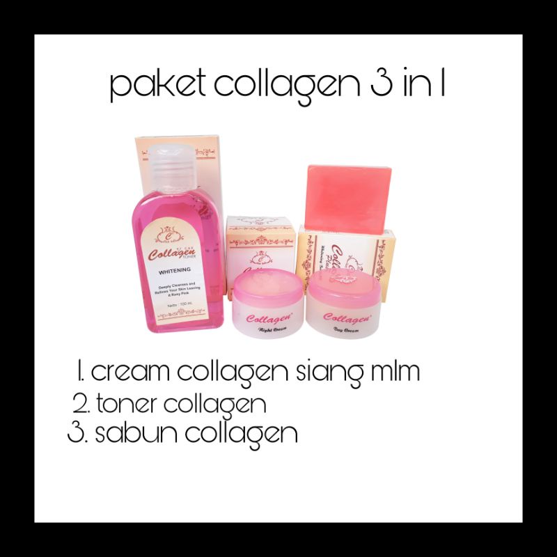 PAKET COLLAGEN 4IN1 WHITENING SABUN + TONER + CREAM SIANG &amp; MALAM /