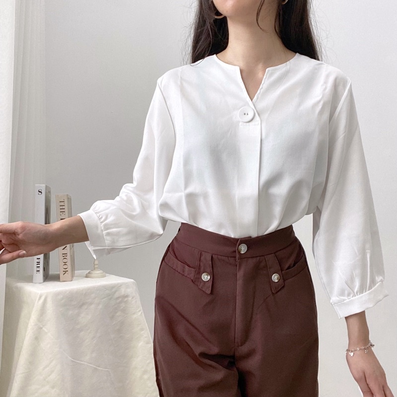 ALMI V-Neck Blouse One Button Formal Daily Baju Kantor 0371