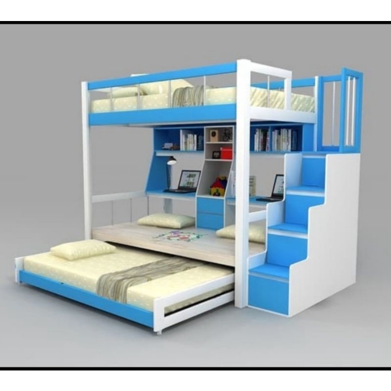 TEMPAT TIDUR/DIPAN TINGKAT ANAK + MEJA BELAJAR KAYU JATI BONUS 2 KASUR (NEGO TIPIS)