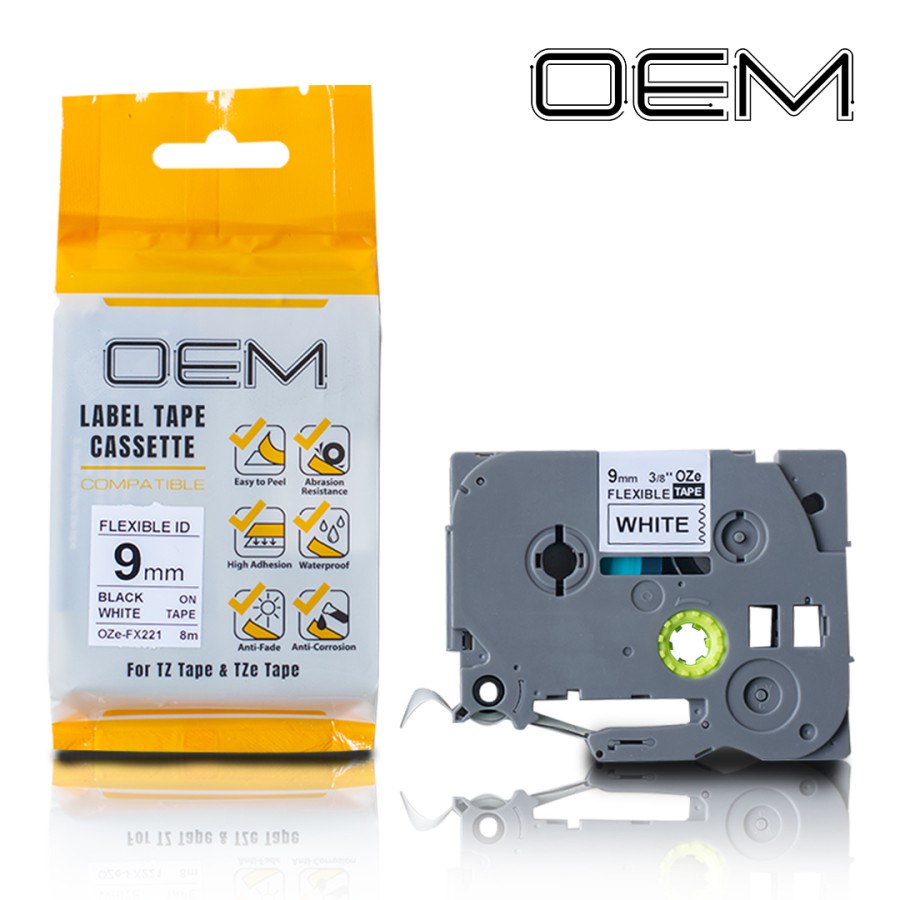 OEM LABEL TAPE FLEXIBLE LAMINATED 9mm x 8m FOR USE ON BROTHER PTOUCH