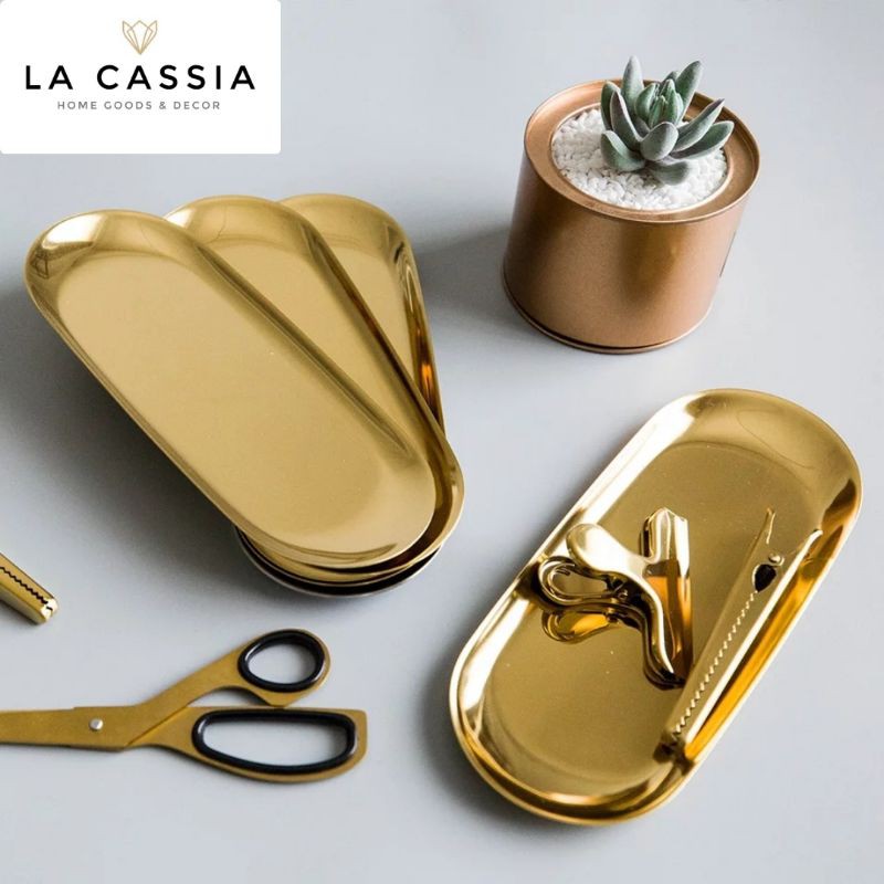 GOLD TRAY OVAL NAMPAN LA CASSIA STAINLESS STEEL NORDIC SCANDINAVIAN LARGE JEWELRY VANITY TRAY