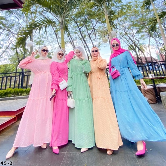 Gamis model malaysia rubby shella rempel 2 susun lengan balon + lapis merk extu (kode 872345-2)