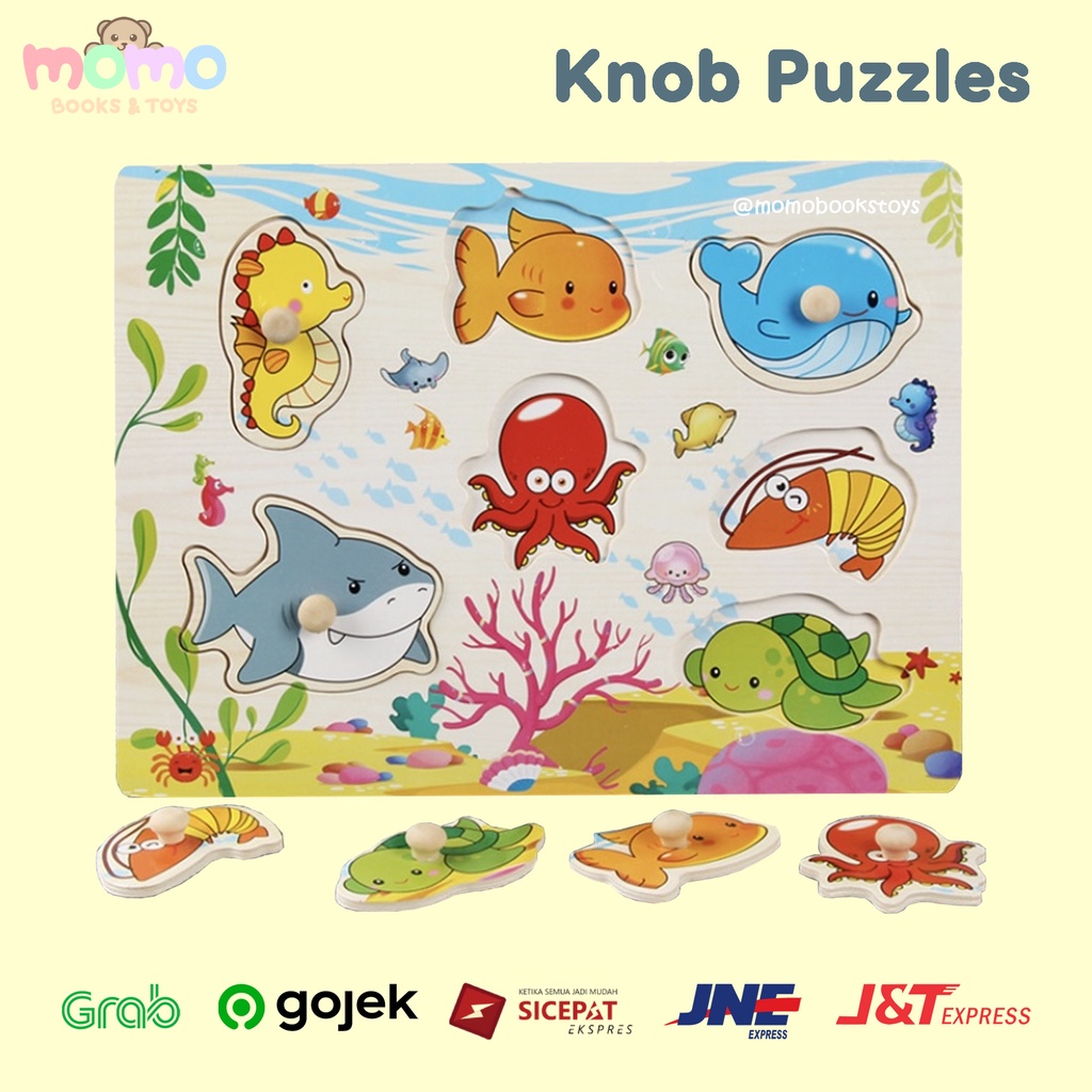 [MOMO] Knob Puzzle Board | Puzzle Edukasi Gambar Hewan Binatang Buah Sayur Transportasi Melatih Moto