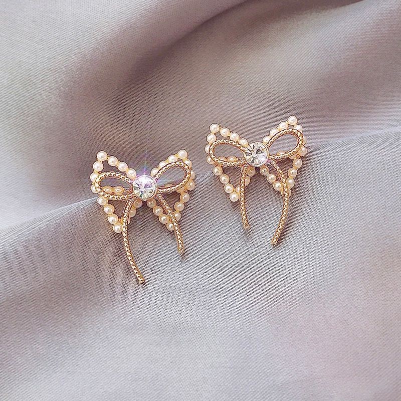 Anting tusuk pita hias mutiara hollow ribbon TJ