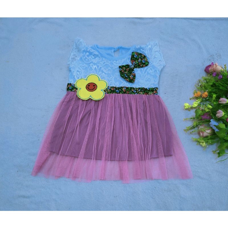 Dress anak 1 2 Tahun tutu tile  perempuan bunga matahari smile pita tutu murah pesta unyu brokat anak (Dress Sunflowers)