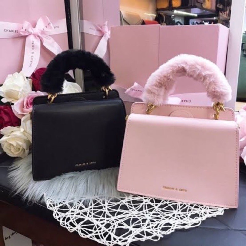 Tas CK Bulu Ribbon Gift box Set Charles Keit* Warna Pink dan Hitam