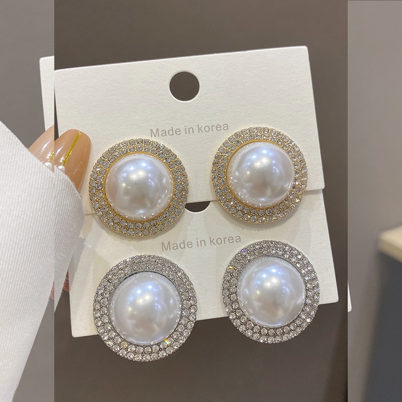 Anting Stud S925 Silver Bentuk Bulat Geometris Aksen Mutiara Berlian Imitasi Untuk Wanita