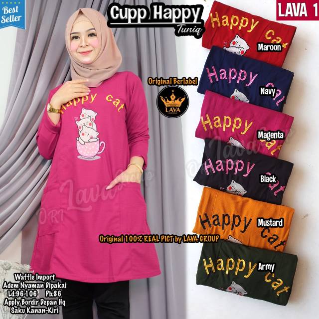 Cupp happy tunic bahan waffle import-adem nyaman dipakai-depan bordir-saku ka ki-By lava