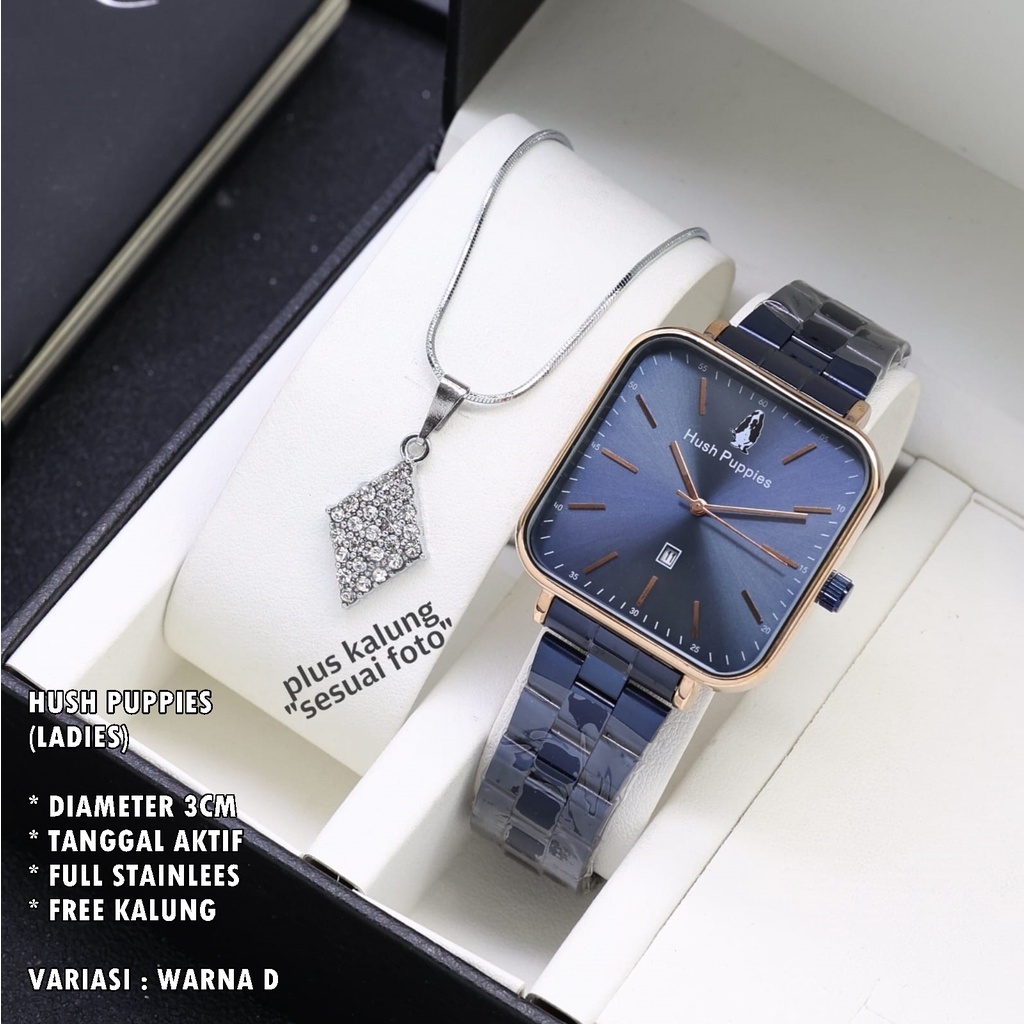 (BISA COD) JAM TANGAN WANITA HUSH PUPPIES H-009 RANTAI BODY SEGI TANGGAL AKTIF FREE KALUNG