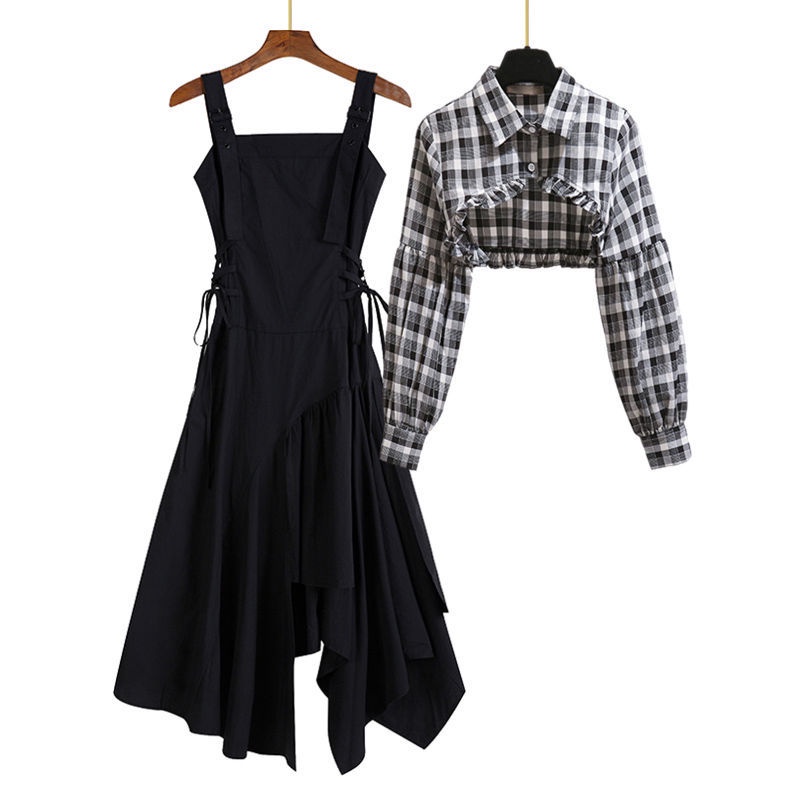 Irregular new year black suspender dress 2021 autumn new women's dress shirt skirt set two piece set