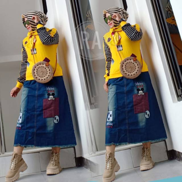 Fashion wanita set kaos import+rok jeans bangkok terbaru