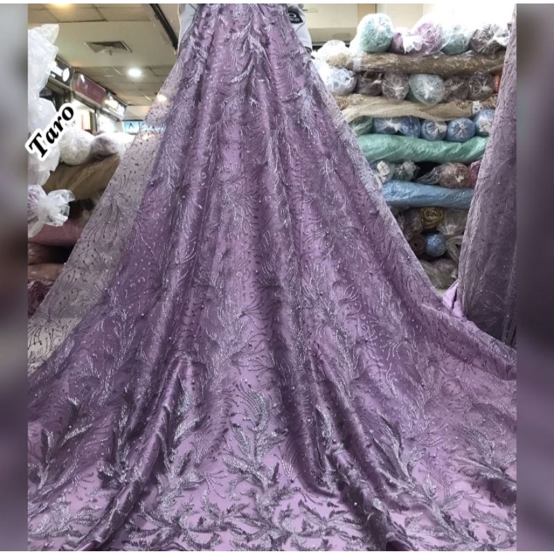 kain bahan tulle bordir pinggitr mutiara tebel/kain tile kebaya mutiara bahan seragaman keluarga