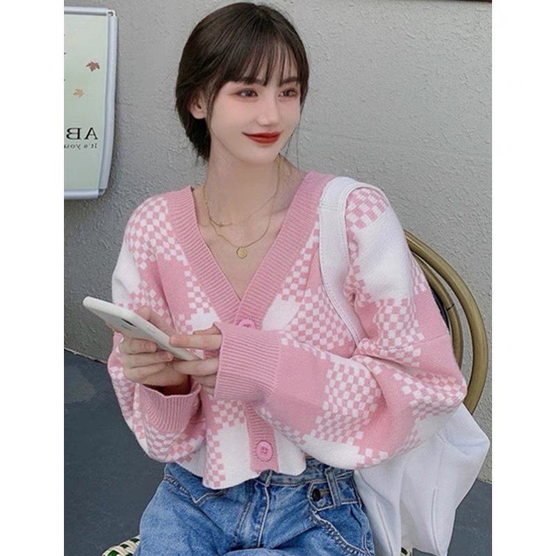 [ready stock] bluemy cardi | atasan rajut knit cardigan crop kotak kotak gaya korea aesthetic kekinian