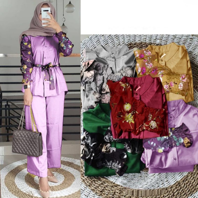 BAJU SETELAN WANITA TRAND MODERN TERBARU 2022 LEBARAN KEKINIAN HITS BEST SELLER  SET FLOWEN CURLA SE