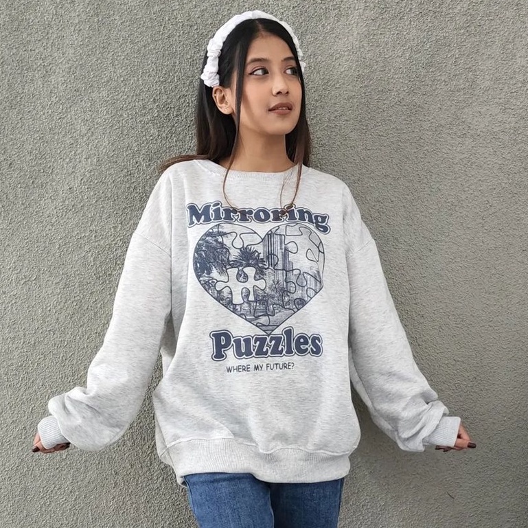 Sweater Crewneck Mirroring Puzle Atasan Baic Pria Wanita Size xxl