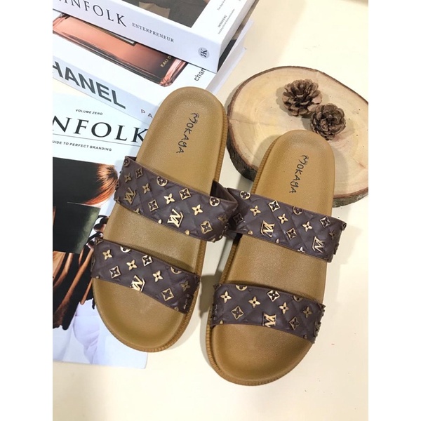 Sandal Slop Ban Dua LV BEST SELLER Mokaya 2002-93 dan 2002-49-Coklat
