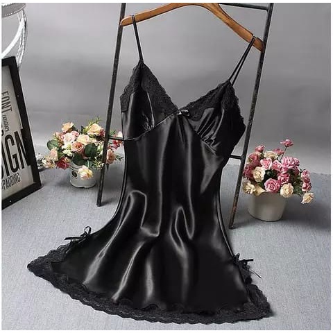 *Alibaba* Set Baju Tidur Wanita Lingerie Sexy Bahan Satin Tanpa Lengan-HITAM