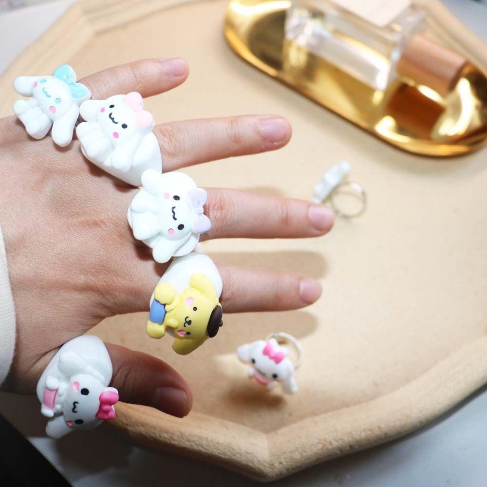 Mxbeauty Resin Cincin Untuk Gadis Hadiah Adjustable Melodyku Puding Anjing Kuromi Perhiasan Fashion Berbentuk Hati Kartun Jepang Telinga Besar Anjing Gaya Korea