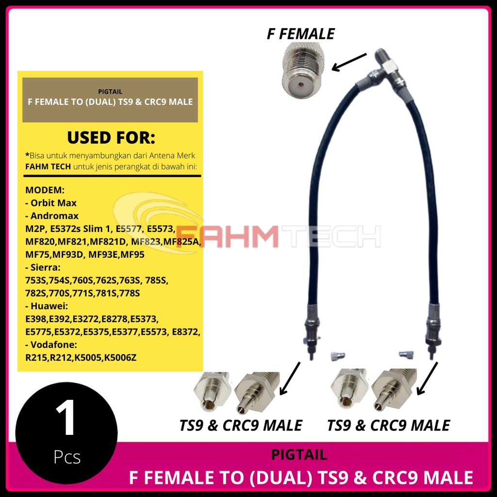 PIGTAIL MODEM, ROUTER, MIFI, F FEMALE TO DUAL TS9 &amp; CRC9 MALE