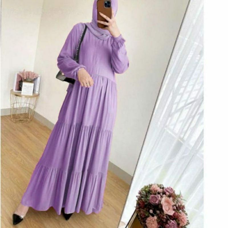 Gamis Wanita Muslim Susun Polos Rayon Premium Hanum Dress Syari Standar Jumbo