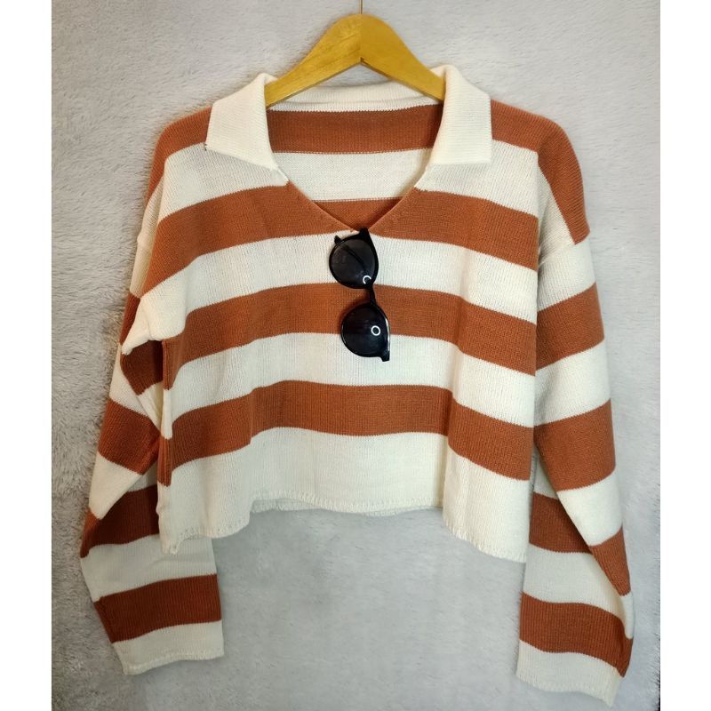 Sweater Rajut Wanita Atasan Crop Top Blaster Stripe
