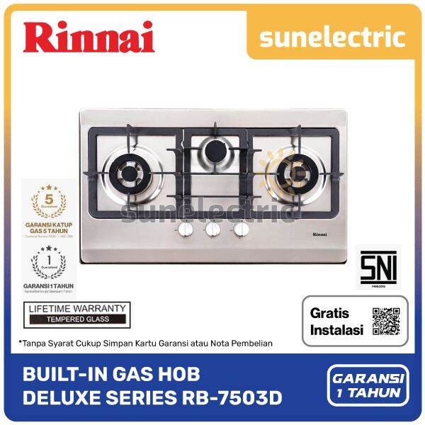 Rinnai Built-In Hob RB-7503D (SSSM) Stainless Steel Kompor Tanam 3 Tungku Ukuran 78 x 47 x 14 cm FRE