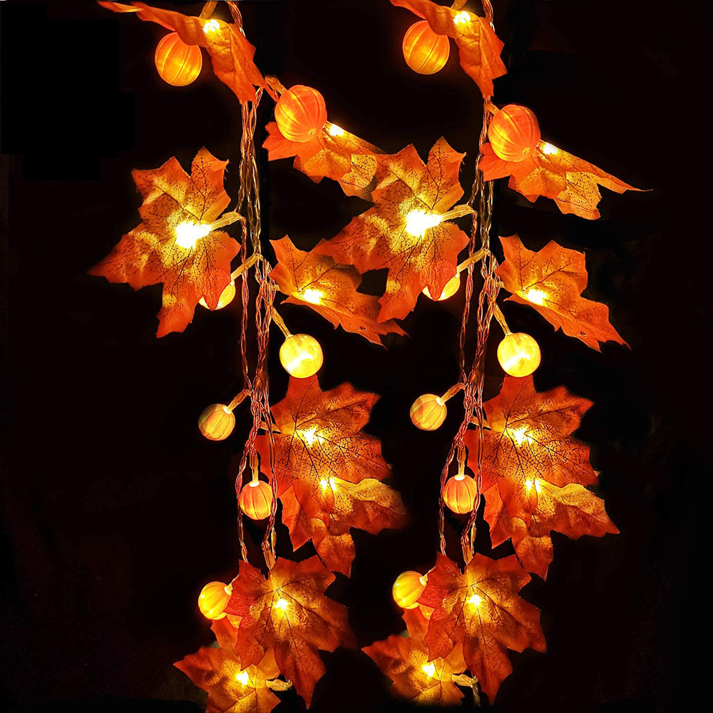 1.5/3m 3D Lampu Labu Syukuran Dekorasi Halloween String Lampu Jatuh Red Maple Leaf Garland Maple Leaf Autumn Lights Pumpkin LED