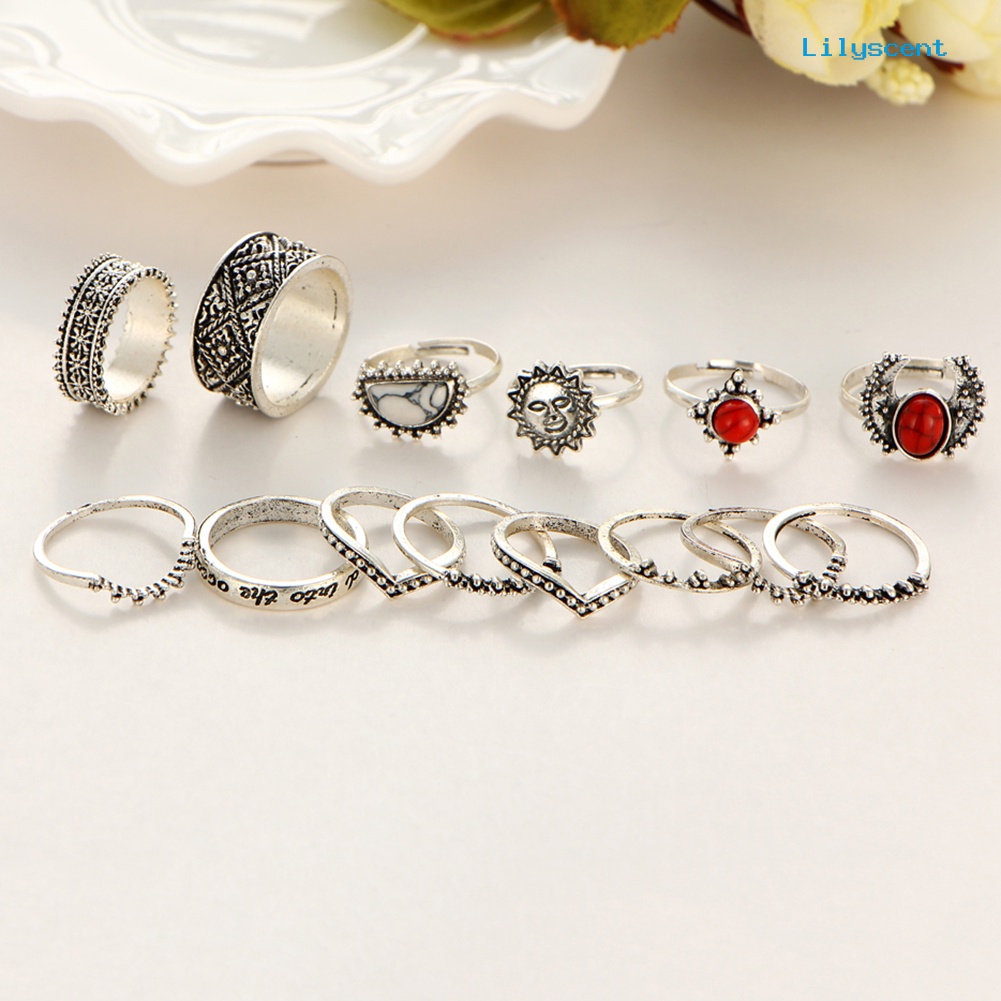 14pcs / Set Cincin Knuckle Midi Gaya Punk Vintage Warna Merah Turquoise Untuk Wanita