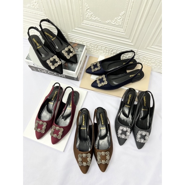 sepatu flat shoes wanita terbaru kekinian pesta LOUISDEAR sepatu flat tali belakang heel 2 cm bahan satin B36