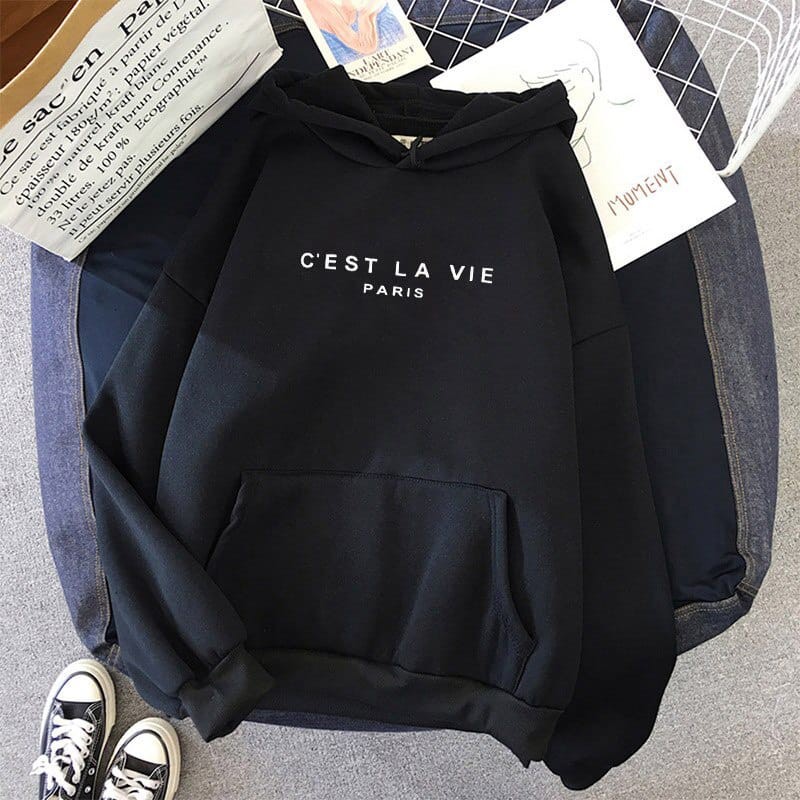 C'EST LA VIE HOODIE SWEATER WANITA PULLOVER BAHAN FLEECE SWEATER JUMPER-1