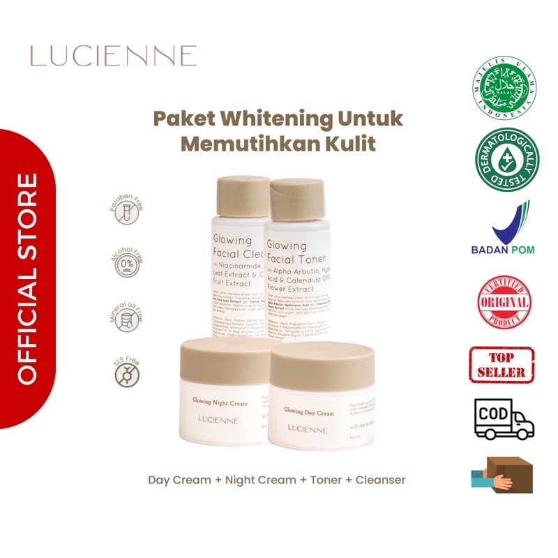 PAKET / SATUAN WHITENING LUCIENNE BPOM HALAL MUI MENGHILANGKAN JERAWAT DAN MEMUTIHKAN KULIT WAJAH YA